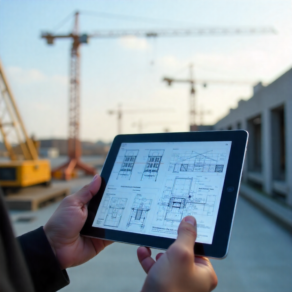 freepik holding a tablet displaying digital blueprints cra 39326