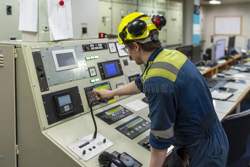 marine engineer officer stands main engine control station room male wearing yellow hard hat ear protection blue 408499624